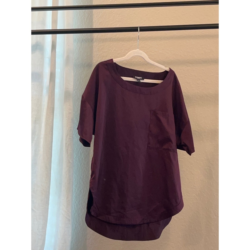 Express Sleepwear Womens Small Burgundy Satin Short Sleeve Pajama Top Scoop Neck